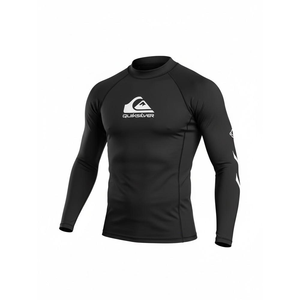 Quiksilver Mens Long Sleeve Rash Guard Black UVtech Swim Shirt Logo Size Medium